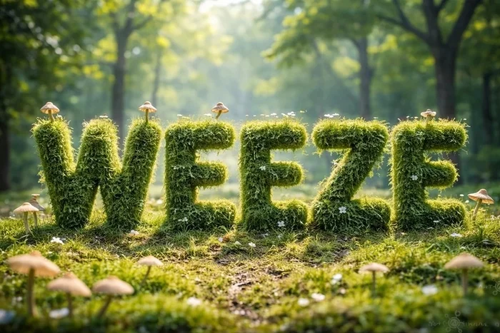Das Wort „WEEZE“ aus grünem Moos geformt auf einer Waldlichtung. Kleine Pilze und Blüten schmücken die Buchstaben, während Sonnenstrahlen durch die Bäume im Hintergrund fallen.