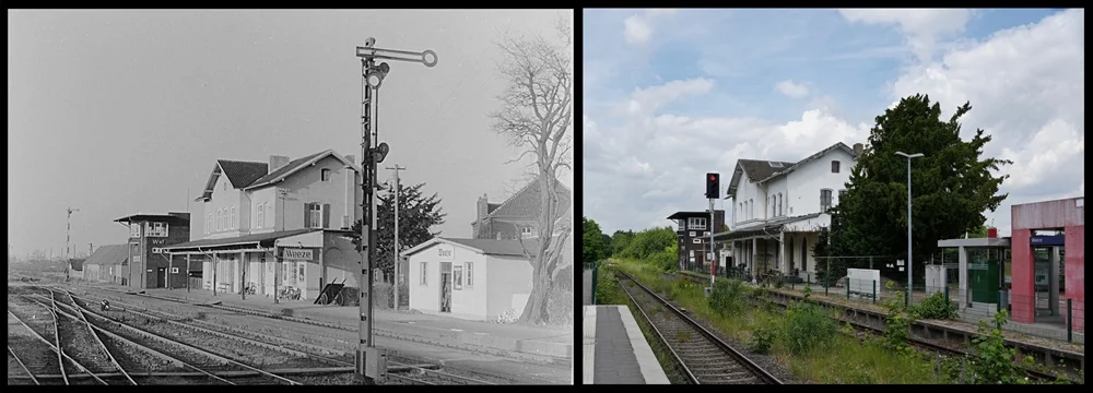 Links ein altes Foto vom Bahnof und rechts eins von 2026