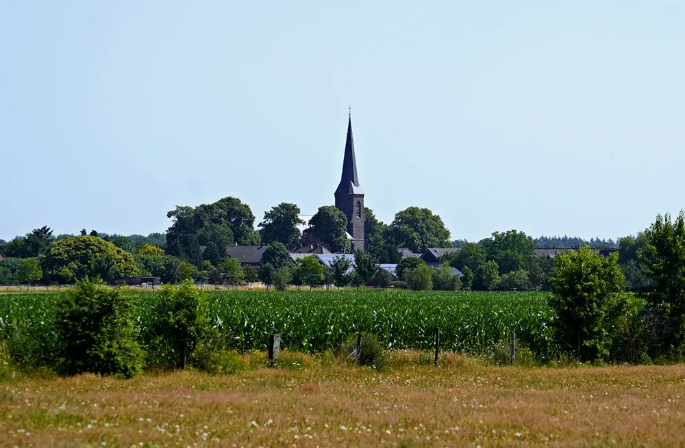 Panorama von Wemb am Niederrhein. Zwischen Feldern, Hecken und Bäumen ragt der Kirchturm des Dorfes in den blauen Sommerhimmel.