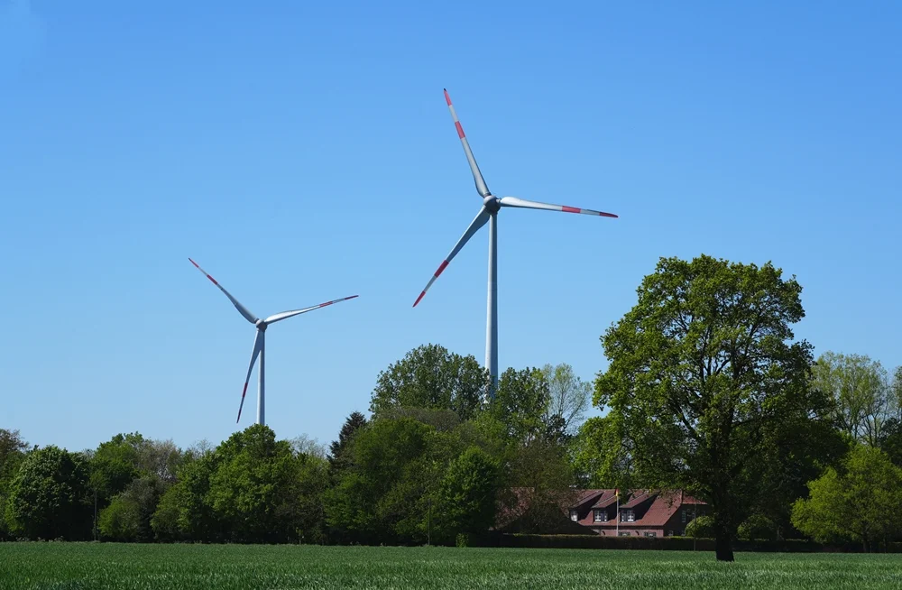 Zwei Windkraftanlagen bei Weeze in der niederrheinischen Landschaft. Die hohen Windräder stehen hinter einer Baumreihe und überragen deutlich die umliegende Vegetation. Im Vordergrund erstreckt sich eine grüne Wiese oder Ackerfläche, während zwischen den Bäumen einige Häuser mit roten Dächern zu erkennen sind. Ein großer Laubbaum auf der rechten Bildseite prägt die Szene. Der klare blaue Himmel und das frische Frühlingsgrün verleihen der Aufnahme eine ruhige und typisch ländliche Atmosphäre am Niederrhein.