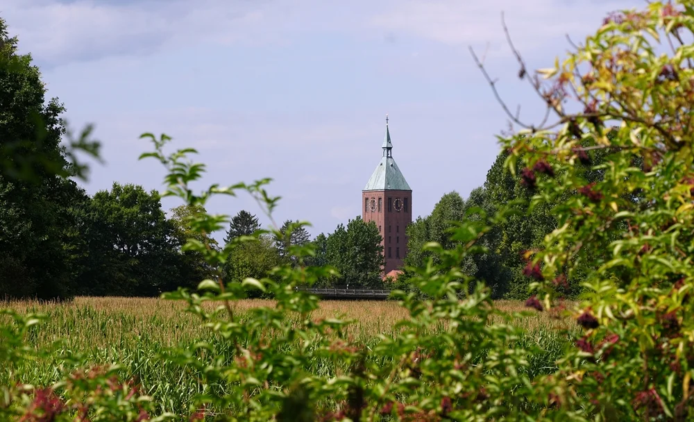 Blick über eine Wiese auf den Kirchturm von St. Cyriakus in Weeze