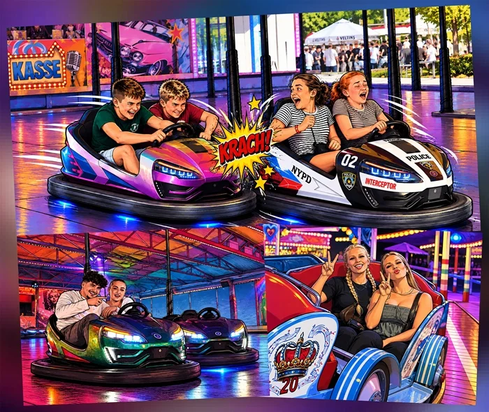 Collage mit gut gelaunten Kirmesbesuchern im Autoscooter und in der historischen Raupenbahn auf der Weezer Kirmes