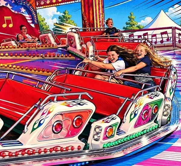 Lachende Fahrgäste bei einer Fahrt mit der historischen Raupenbahn auf der Weezer Kirmes
