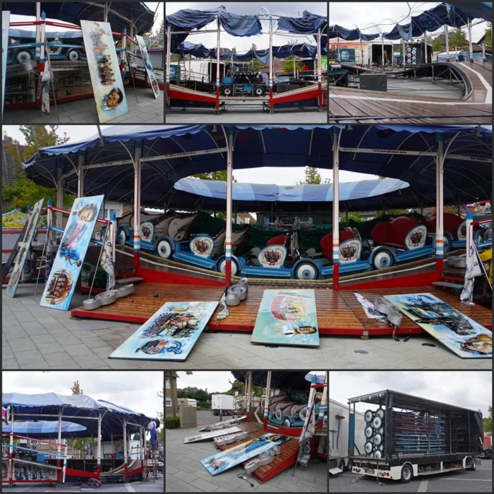 Collage vom Abbau und Abtransport der historischen Raupenbahn nach der Weezer Kirmes