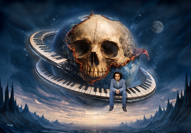 Surreale Hommage an Jean-Michel Jarre mit schwebendem Totenschädel-Planeten und einer spiralförmigen Klaviatur in einer fantastischen Landschaft.