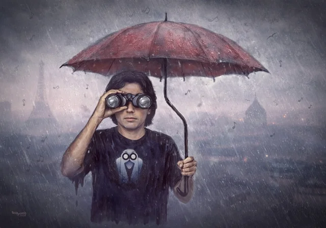 Jean-Michel Jarre blickt mit einem Fernglas durch den Regen, geschützt von einem roten Regenschirm vor einer verträumten, musikalischen Kulisse.