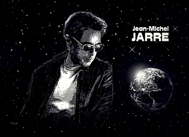 Fan-Art von teddynash: Jean-Michel Jarre im stilisierten Schwarz-Weiß-Look vor einem Sternenhimmel. Neben ihm schwebt die Erde im Weltraum. Der Schriftzug „Jean-Michel Jarre“ steht rechts im Bild.