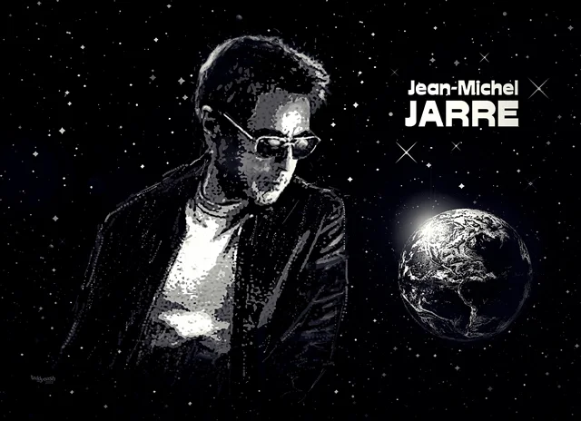 Fan-Art von teddynash: Jean-Michel Jarre im stilisierten Schwarz-Weiß-Look vor einem Sternenhimmel. Neben ihm schwebt die Erde im Weltraum. Der Schriftzug „Jean-Michel Jarre“ steht rechts im Bild.