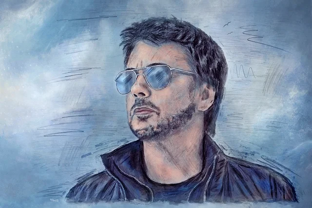 Digitales Fan-Art-Porträt von Jean-Michel Jarre. Der Musiker trägt eine Sonnenbrille und blickt nach oben in die Ferne. Kühles Blau, skizzenhafte Linien und eine wolkenartige Hintergrundstruktur verleihen dem Bild eine ruhige und atmosphärische Wirkung.