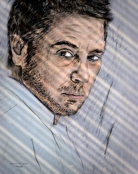 Jean-Michel Jarre in einer künstlerischen Zeichnung mit Musiknoten und farbigen Akzenten. Das Fan-Art-Bild von teddynash verbindet Porträtkunst und musikalische Elemente.