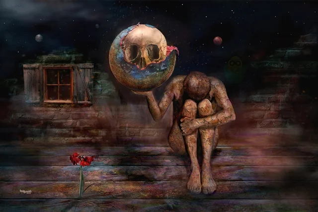 Surreales Kunstwerk von teddynash: Eine sitzende Figur hält einen zerbrochenen Planeten mit einem Totenschädel-Motiv vor den Kopf. Eine rote Blume wächst im Vordergrund, während Sterne, Planeten und geheimnisvolle Schattenfiguren die düstere Traumlandschaft umgeben.