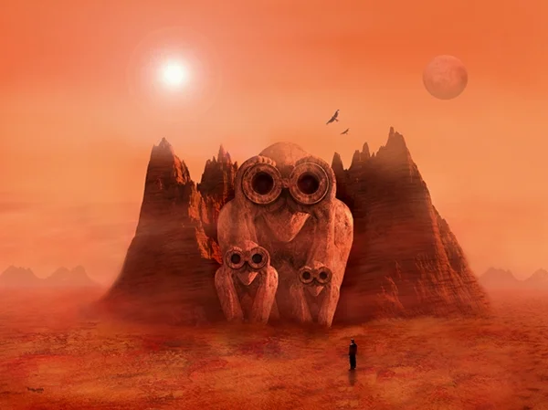 Surreales Fan-Art-Kunstwerk von teddynash: Drei monumentale Equinoxe-Wächter stehen vor einer felsigen Gebirgslandschaft auf einem roten Wüstenplaneten. Eine einzelne Person betrachtet die Szene aus der Ferne, während Sonne, Mond und Vögel am Himmel eine fremdartige Atmosphäre schaffen.