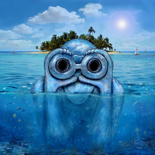 Ein blauer Equinoxe-Wächter ragt aus dem tropischen Meer empor. Im Hintergrund liegt eine kleine Insel mit Palmen, während Segelboote und Sonnenlicht die friedliche Fantasieszene ergänzen.