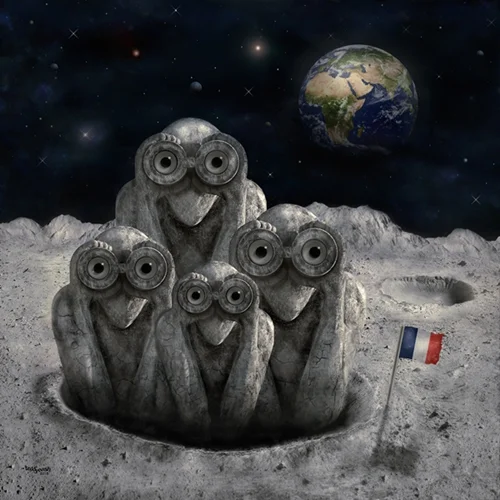 Vier Equinoxe-Wächter blicken aus einem Krater auf der Mondoberfläche. Im Hintergrund schwebt die Erde im Weltraum, während eine französische Flagge die Verbindung zu Jean-Michel Jarre und seinem Heimatland symbolisiert.