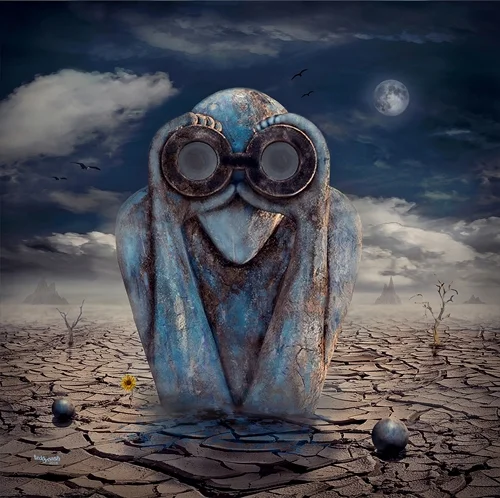 Surreales Fan-Art-Kunstwerk von teddynash: Ein einzelner blauer Equinoxe-Wächter steht in einer ausgetrockneten Wüstenlandschaft mit rissigem Boden. Eine kleine gelbe Blume und kahle Bäume setzen zarte Kontraste zur düsteren Szenerie unter Mondlicht und ziehenden Wolken.