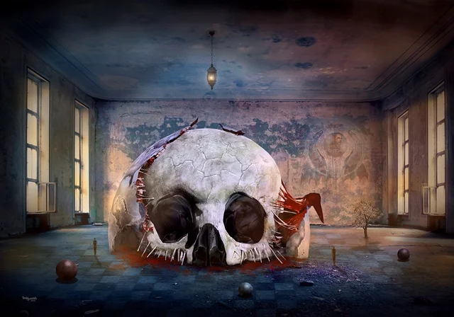 Surreales Kunstwerk von teddynash: Ein riesiger Schädel liegt in einem verlassenen Raum mit verwitterten Wänden und hohen Fenstern. Kleine Figuren, verstreute Kugeln und geheimnisvolle Lichtstimmungen verleihen der Szene eine traumartige und rätselhafte Atmosphäre.