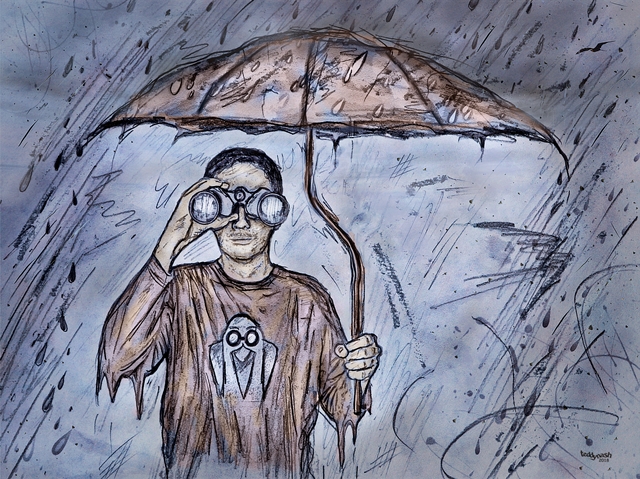 Handgezeichnetes Fan-Art-Bild von teddynash: Eine Person steht im Regen unter einem Regenschirm und blickt durch ein Fernglas, das an die Augen des Equinoxe-Wächters erinnert. Dynamische Linien und Regentropfen verleihen der Zeichnung Bewegung und eine nachdenkliche Stimmung.