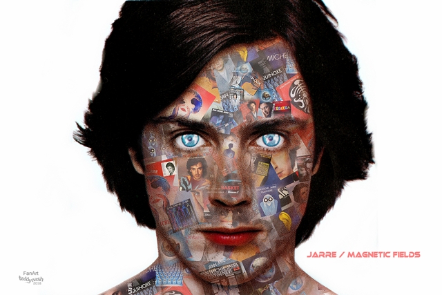 Fan-Art-Kunstwerk von teddynash, inspiriert von „Magnetic Fields“. Das Porträt des jungen Jean-Michel Jarre besteht aus einer Collage zahlreicher Albumcover, Fotos und Fan-Art-Motive. Die leuchtend blauen Augen bilden einen starken Kontrast zur detailreichen Komposition.