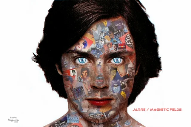 Fan-Art-Kunstwerk von teddynash, inspiriert von „Magnetic Fields“. Das Porträt des jungen Jean-Michel Jarre besteht aus einer Collage zahlreicher Albumcover, Fotos und Fan-Art-Motive. Die leuchtend blauen Augen bilden einen starken Kontrast zur detailreichen Komposition.