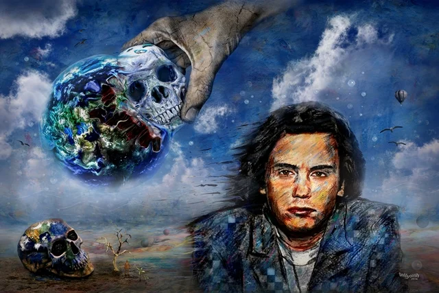 Surreales Fan-Art-Kunstwerk von teddynash: Jean-Michel Jarre erscheint vor einer Traumlandschaft, während eine Hand einen Planeten mit Schädelmotiv am Himmel hält. Ein weiterer Schädel liegt in der Landschaft und verstärkt die Anspielung auf das berühmte „Oxygène“-Motiv.