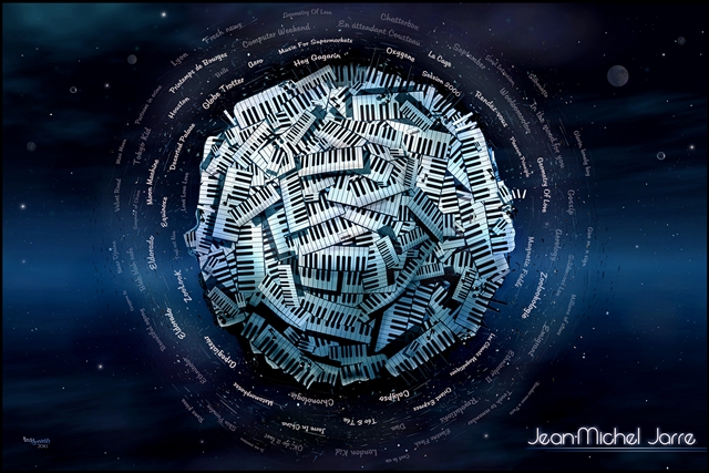 Fan-Art-Kunstwerk von teddynash: Ein kugelförmiger Planet aus zahlreichen Klaviertasten schwebt im Weltraum. Um den Planeten kreisen die Titel vieler Jean-Michel-Jarre-Kompositionen und bilden eine musikalische Hommage an sein Lebenswerk.