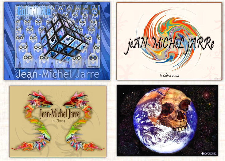 Übersicht mehrerer früher Fan-Art-Arbeiten von teddynash zu Jean-Michel Jarre. Die Collage zeigt verschiedene Motive, darunter Equinoxe, China-Konzerte und das berühmte Oxygène-Schädelmotiv.