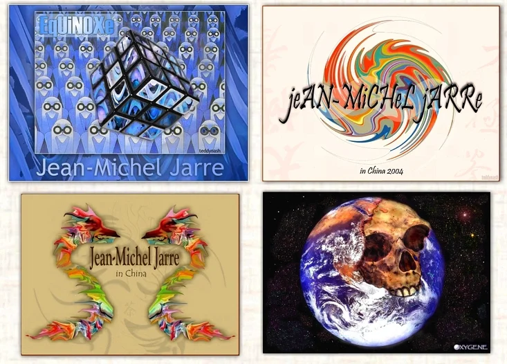 Übersicht mehrerer früher Fan-Art-Arbeiten von teddynash zu Jean-Michel Jarre. Die Collage zeigt verschiedene Motive, darunter Equinoxe, China-Konzerte und das berühmte Oxygène-Schädelmotiv.