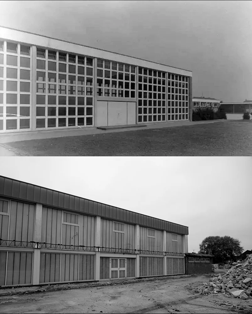 Historischer Vergleich der alten und später modernisierten Turnhalle in Weeze – zwei Schwarzweißaufnahmen im Wandel der Zeit.