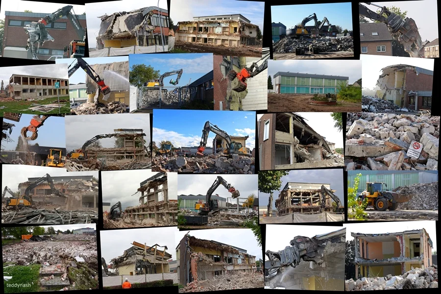 Große Collage mit zahlreichen Fotos vom Abbruch der Johannes-Hauptschule in Weeze – Bagger, Abrissarbeiten, Schuttberge und verschiedene Bauphasen im Überblick.