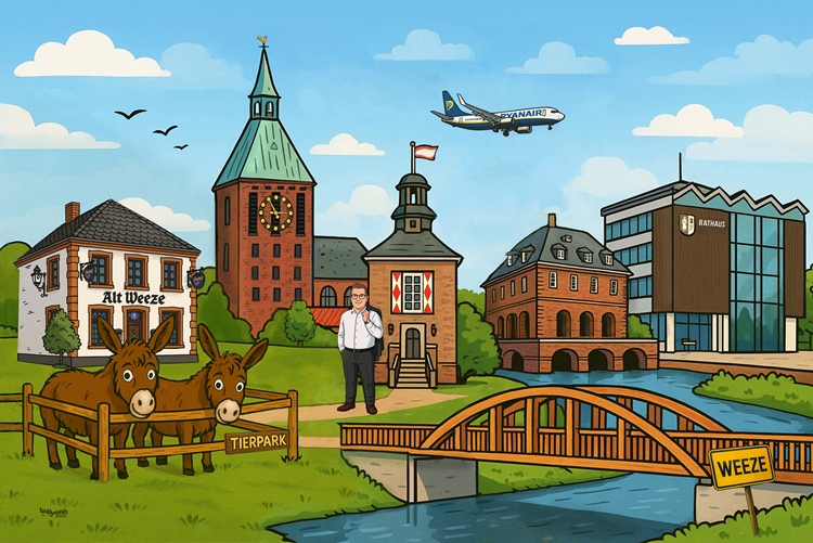 Comic-Ansicht der Gemeinde Weeze mit
            Sehenswürdigkeiten und Bürgermeister