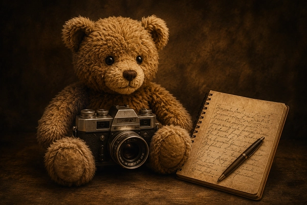Teddybär mit Kamera und Notizbuch