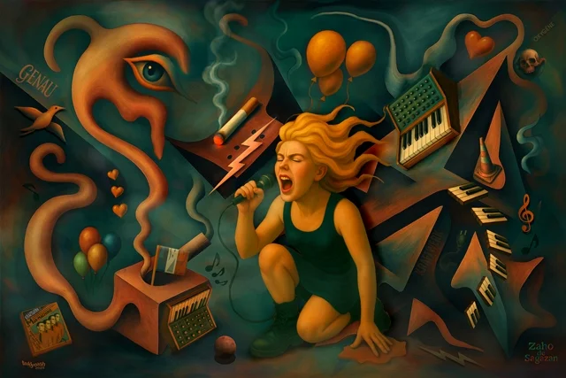 Surrealistische Darstellung der Sängerin Zaho de Sagazan mit Mikrofon, umgeben von Klaviertasten und fantasievollen Symbolen.