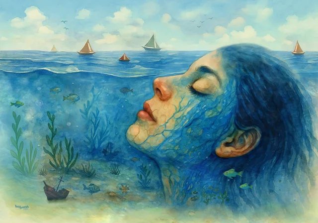 Surrealistisches Frauenporträt im Meer mit Unterwasserlandschaft, Fischen und Segelbooten am Horizont.