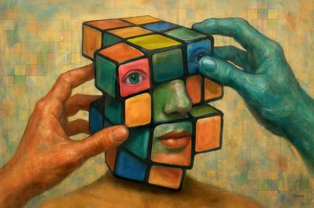 Surrealistisches Gesicht aus bunten Würfeln, das von zwei Händen zusammengesetzt wird.
