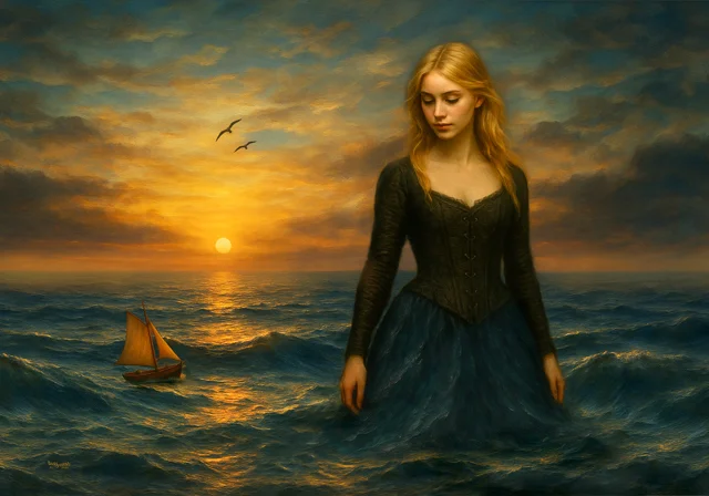 Junge Frau in einem dunklen Kleid steht im Meer bei Sonnenuntergang, begleitet von einem kleinen Segelboot.