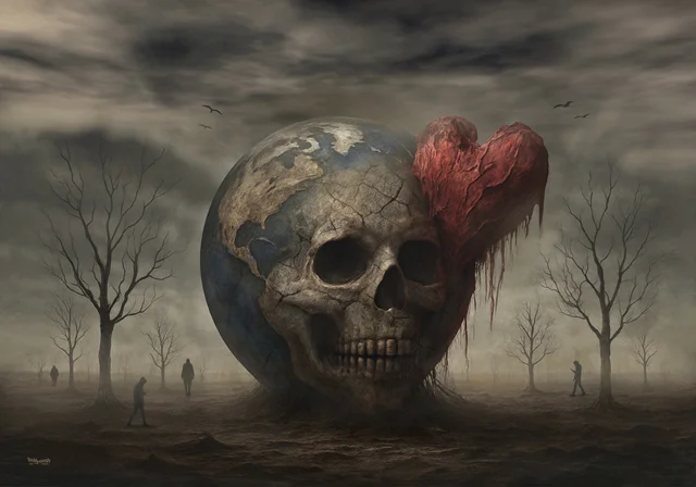 Surrealistische Darstellung eines Totenschädels in Form einer Erdkugel mit rotem Herz in einer düsteren Landschaft.
