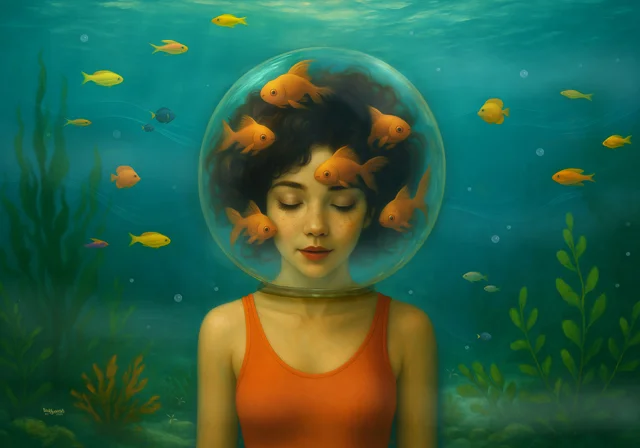 Junge Frau unter Wasser mit gläsernem Helm, in dem Goldfische zwischen ihren Haaren schwimmen.