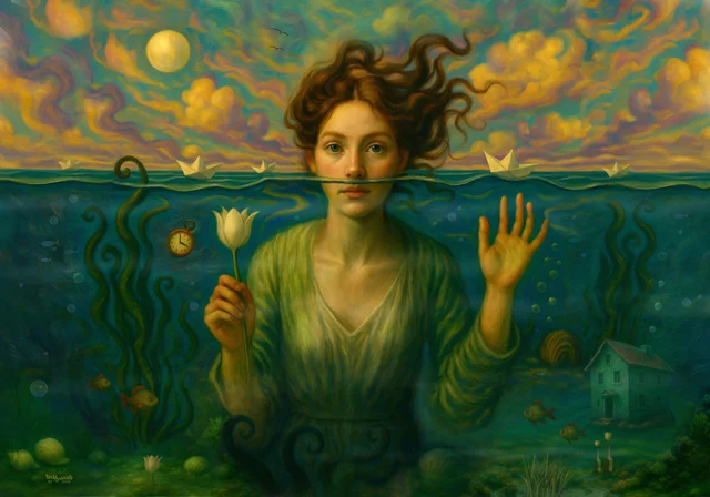 Surrealistische Frau zwischen Wasseroberfläche und Unterwasserwelt mit Blume, Fischen und schwebenden Papierbooten.