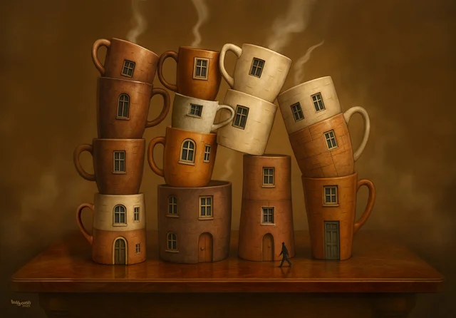 Fantasievolle Stadt aus gestapelten Kaffeetassen mit Fenstern und Türen auf einem Holztisch.
