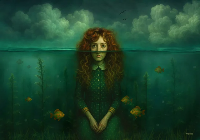 Junge Frau zwischen Wasseroberfläche und Unterwasserwelt, umgeben von Fischen und Wasserpflanzen.
