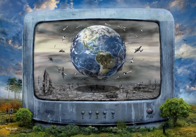 Erdkugel auf einem alten Fernsehbildschirm, umgeben von Flugzeugen und einer zerstörten Landschaft.