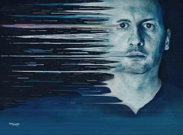Digitales Porträt eines Mannes, dessen Gesicht sich in horizontale Licht- und Datenlinien auflöst.