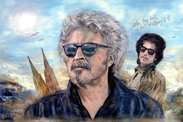 Künstlerisches Porträt von Wolfgang Niedecken mit Sonnenbrille vor einer farbenreichen Hintergrundszene mit weiterer Musikerfigur.