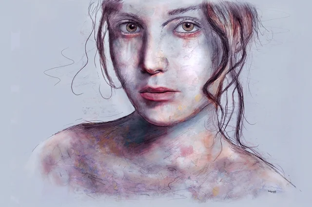 Malerisches Porträt einer jungen Frau mit großen Augen in zarten Blau-, Rosa- und Violetttönen.