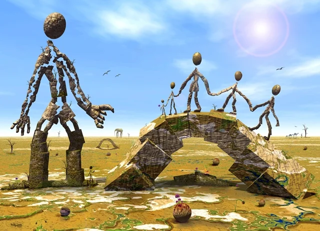 Surreale Figurenfamilie aus Stein und Ästen überquert gemeinsam eine Brücke in einer fantasievollen Landschaft.