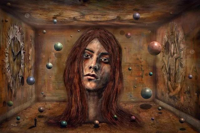 Frauenkopf in einem surrealen Raum voller schwebender Kugeln und zerfallender Uhren an den Wänden