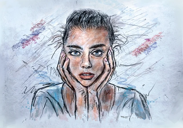 Ausdrucksstarkes Frauenporträt mit großen blauen Augen in einem lockeren Zeichen- und Aquarellstil