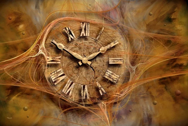 Alte Uhr mit römischen Ziffern, umgeben von wirbelnden Lichtlinien und abstrakten Formen.