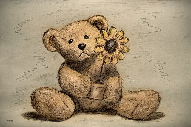 Gezeichneter Teddybär hält eine Sonnenblume in einem Blumentopf vor einem hellen Hintergrund