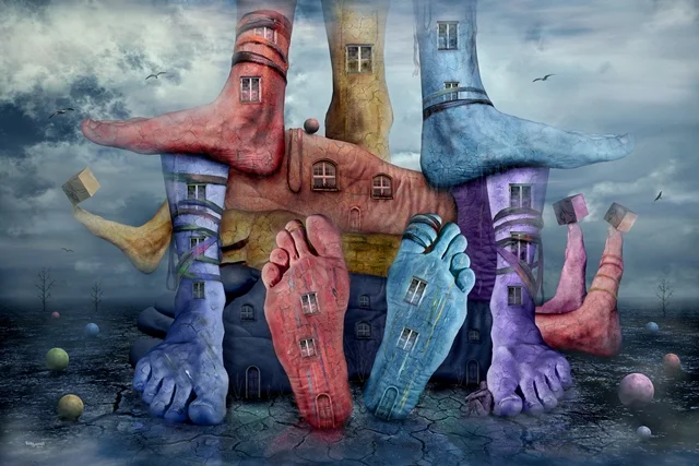 Fantasievolle Häuserlandschaft aus bunten Beinen und Füßen in einer surrealen Traumwelt.